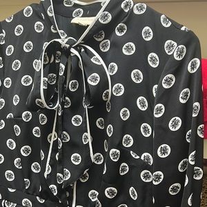 ModCloth Pleated Shirt Dress Tie Neck Black White Floral Dot Print Medium